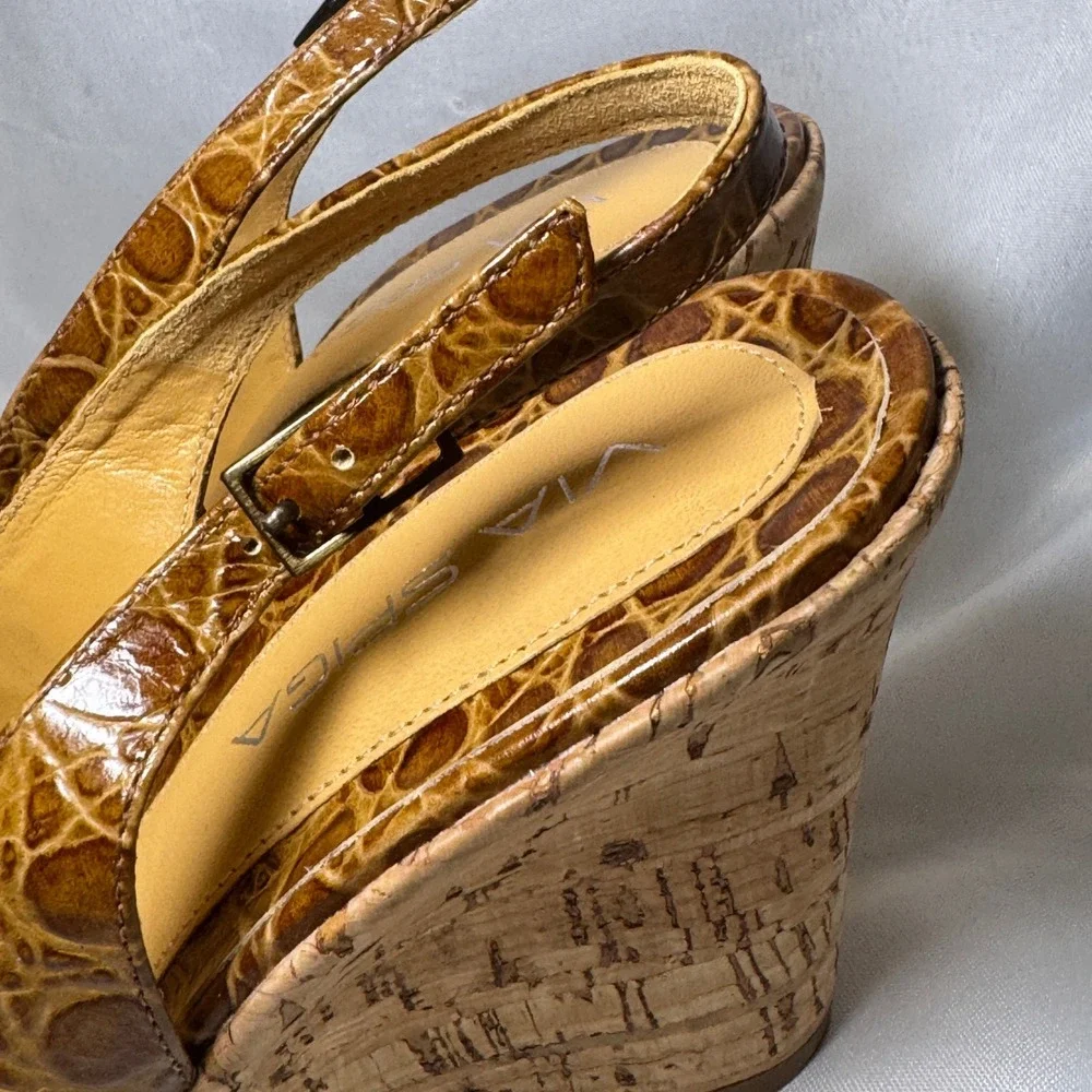 Via Spiga Brown Croc Embossed Leather Cork‎ Wedge Slingback Peep Toe Heels 9M